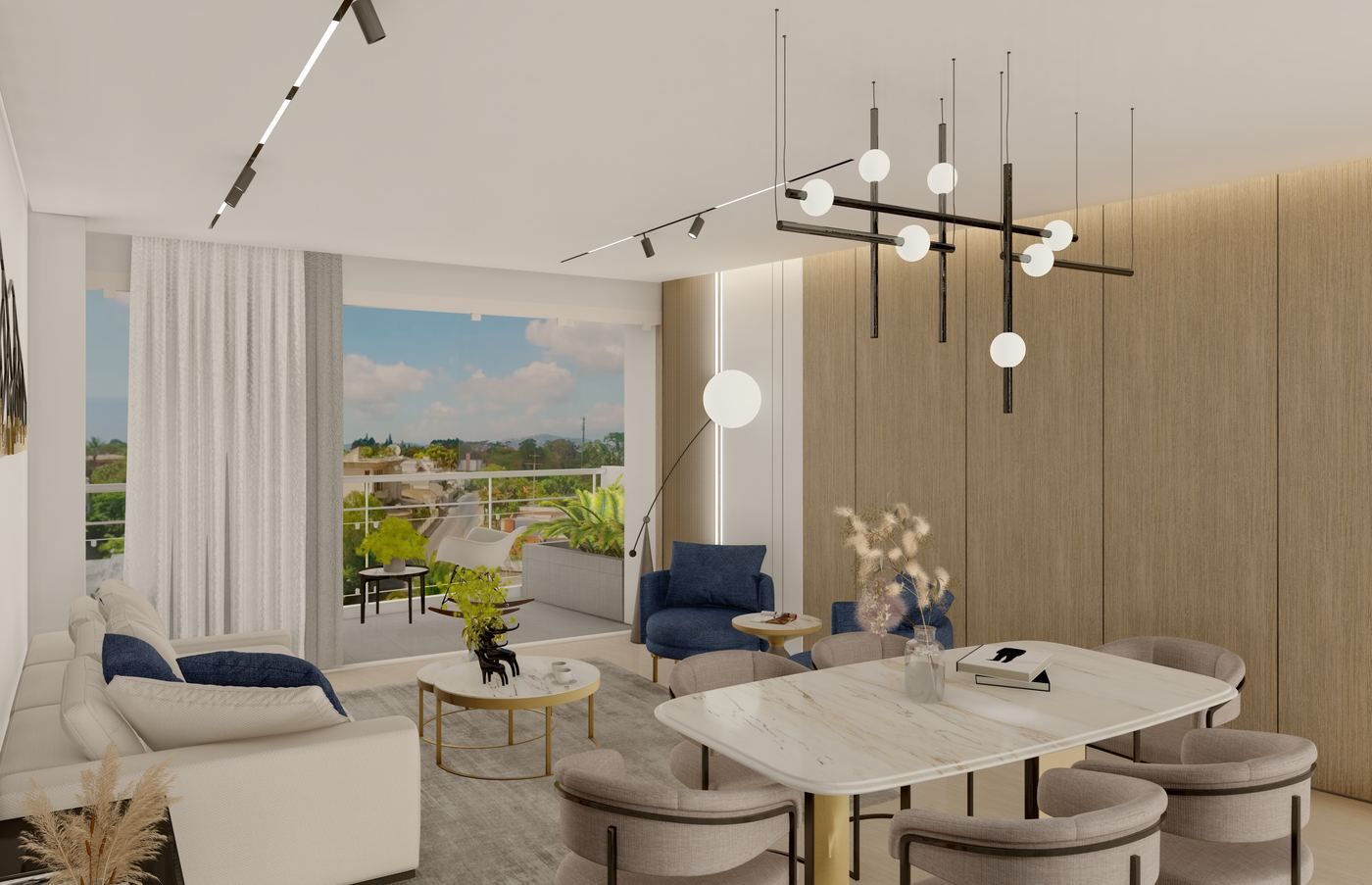 Apartamento E31 — cocina integrada con vista al comedor y sala TV