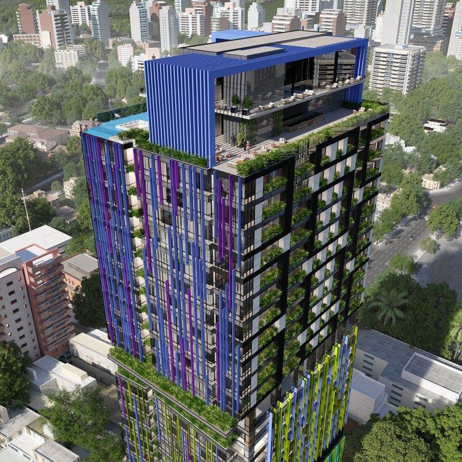 Skypark — vista aérea de la torre y fachada de colores