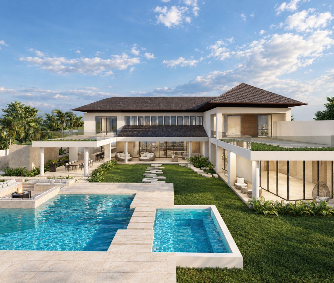Casa RD — vista elevada de la casa y la piscina