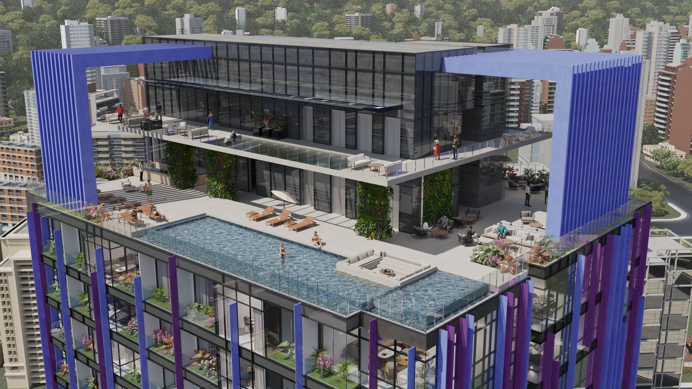 Skypark — vista del rooftop y piscina